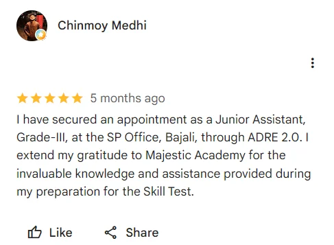 Google Map review highlighting the excellent ADRE syllabus coverage, mock test series, and friendly faculty members at Majestic.